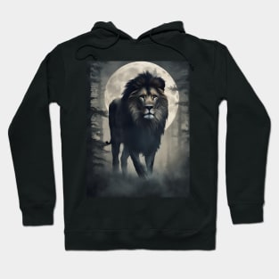 Lion in the Foggy Forest Under the Big Moon Hoodie